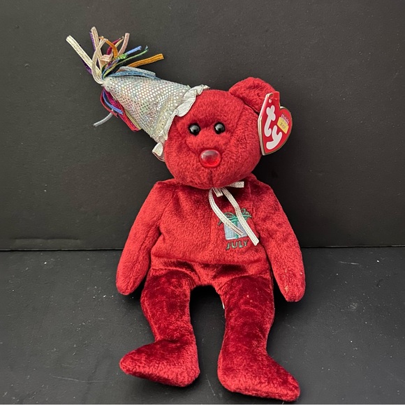Ty Beanie Baby “Happy Birthday” the July Birthday Bear Wearing a Party Hat! - Picture 1 of 6